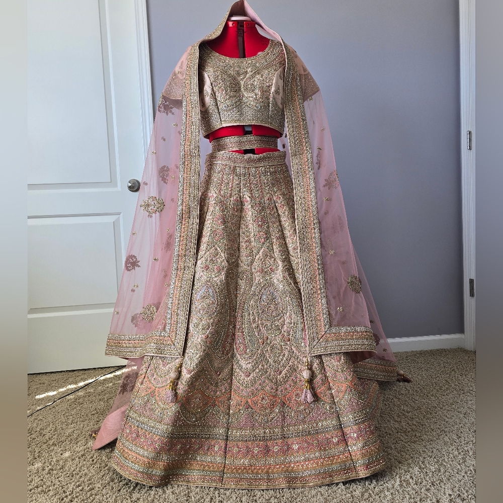 Pink, Gold, Cream Heavy Embroidered Bridal Lehenga